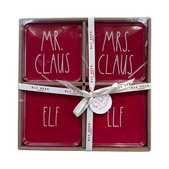Rae Dunn by Magenta Set of 4 Ceramic Drink Coasters (Red/Mrs Claus/Elf) NWT - Picture 1 of 5